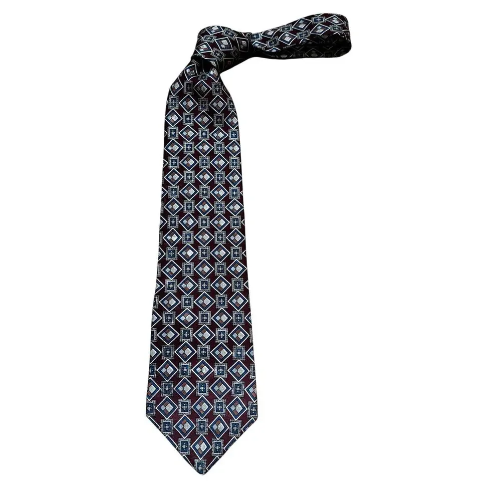 Liberty of London Italian silk neck tie dark red blue & gray geometric pattern